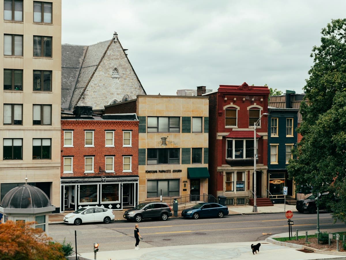 Brick storefronts along a downtown street in Harrisburg